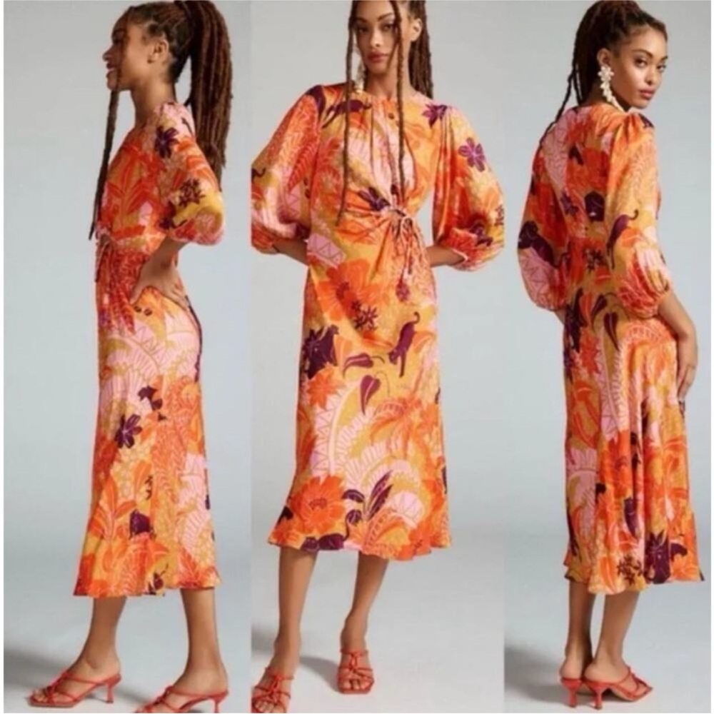 FARM Rio Vibrant Orange and Pink Midi Dress